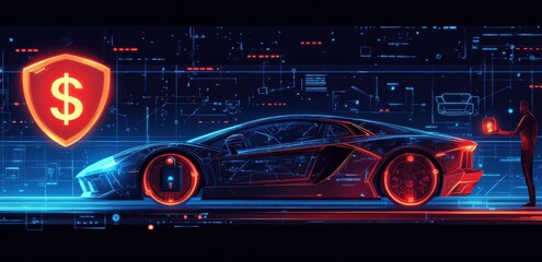Obraz premium Futuristic car illustration emphasizing technology, finance, and security concepts