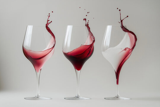 Drei Weingl&auml;ser mit spritzendem Rotwein in k&uuml;nstlerischer Anordnung

