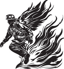 Brave Firefighter Running Through Flames with Angel Wings Vector Illustration Graphic