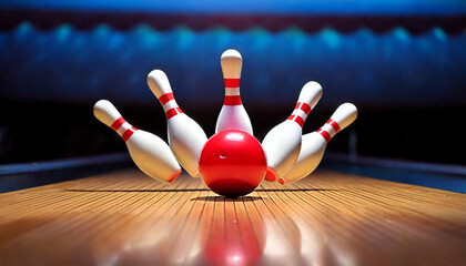 Bowling Pins Downed by a Strike in a Lively Bowling Alley