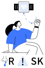 Woman sitting, checking smartwatch for heart rate data. Risk alert sign and symbols indicated. Ideal for health monitoring, fitness, wearable tech, medical alerts, heart care health apps. Line