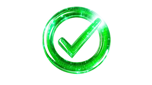 Glowing green check mark symbol with a futuristic design on a transparent background. Isolated png illustration for confirmation, success, or approval concepts