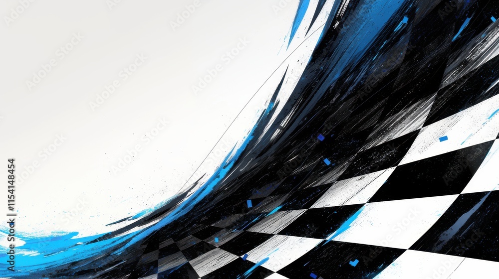 Poster abstract design featuring a dynamic wave of black and blue with a checkered pattern.