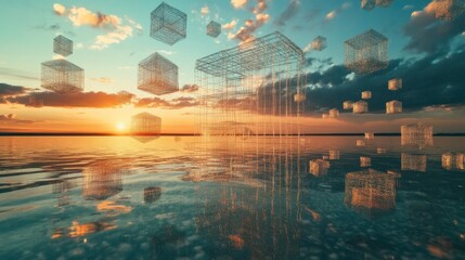 A collection of wireframe cubes float over a reflective water surface at sunrise, representing the intersection of technology and natural elements in art.