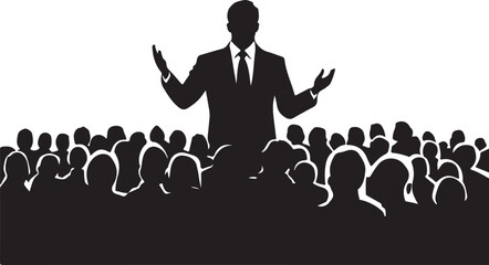 Businessman Giving Speech to a Crowd Silhouette Vector Illustration Graphic
