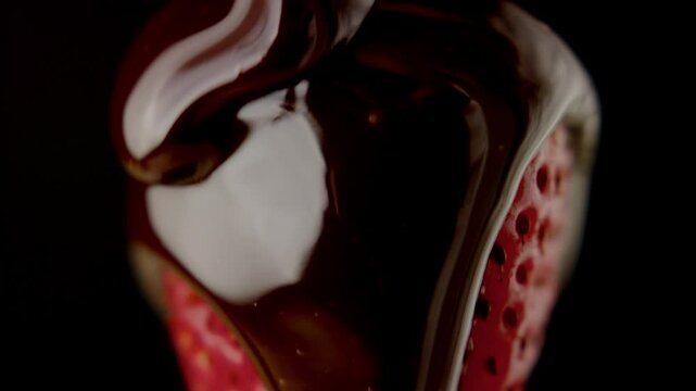 Macro shot of chocolate sauce covering a ripe strawberry against black background