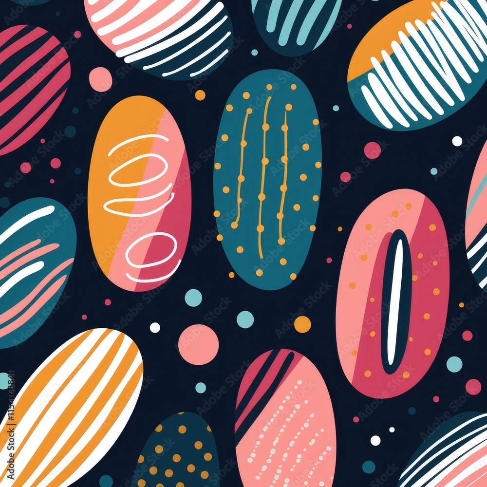Poster abstract pattern featuring colorful ovals and dots on a dark background.