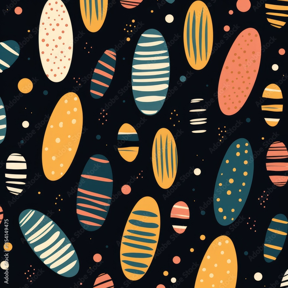 Poster a colorful abstract pattern featuring ovals and circles on a dark background.