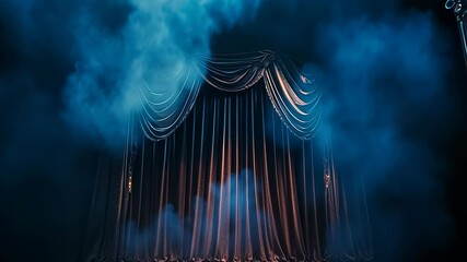 A shadowy theater stage shrouded in blue fog, creating a dramatic ambiance. The dark curtain hints at an impending performance, evoking anticipation and mystery during the night.