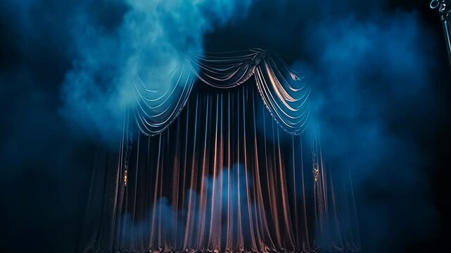 A shadowy theater stage shrouded in blue fog, creating a dramatic ambiance. The dark curtain hints at an impending performance, evoking anticipation and mystery during the night.