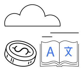 Cloud outline, coin with dollar sign, open book with multilingual letters. Ideal for technology, finance, education, cloud storage, currency exchange language learning globalization. Line metaphor