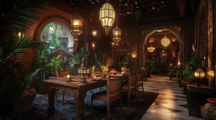 Luxurious dining room with Moroccan design, featuring ornate details, hanging lanterns, and lush plants.