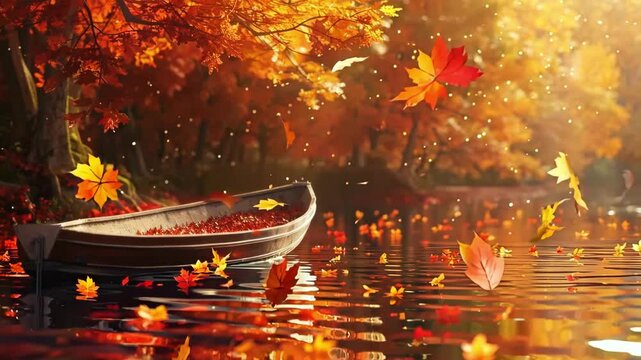 A boat is floating on a river with leaves falling into the water. The scene is peaceful and serene, with the boat being the only object in the foreground