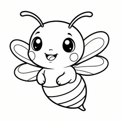 Cute kawaii cartoon character bee in the flower garden coloring page, vector printable worksheets for preschool.