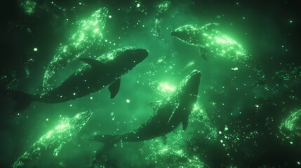Fototapeta premium Bioluminescent Mammals in Underwater Scene