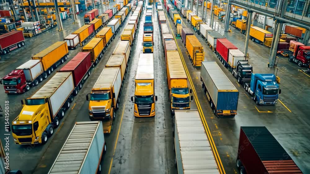 Aufkleber overview of trucks organized in a large industrial warehouse for efficient loading and unloading ope
