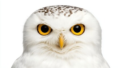 Naklejka premium Snowy Owl Perched Against a Clean White Background Portrait
