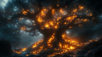 Ancient Burning Tree In A Dark Forest