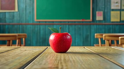 Back to school concept with a red apple on a wooden table in a classroom setting, Back to school Video footage concept, intro for opening template design