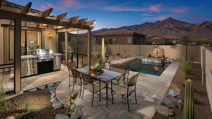 Fototapeta premium Desert backyard patio with pool, pergola, and outdoor kitchen at sunset.