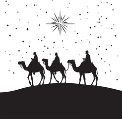 Christmas Three Wise Men Travelling to Meet Jesus Silhouette Vector Illustration Graphic