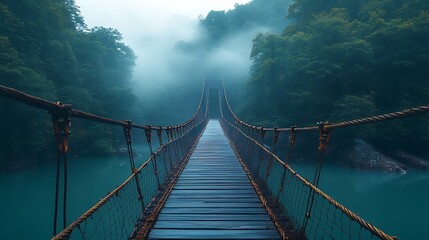 Obraz premium Misty Mountain Suspension Bridge Over Teal Water