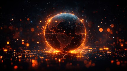 Fototapeta premium Abstract digital representation of Earth, glowing with orange energy.