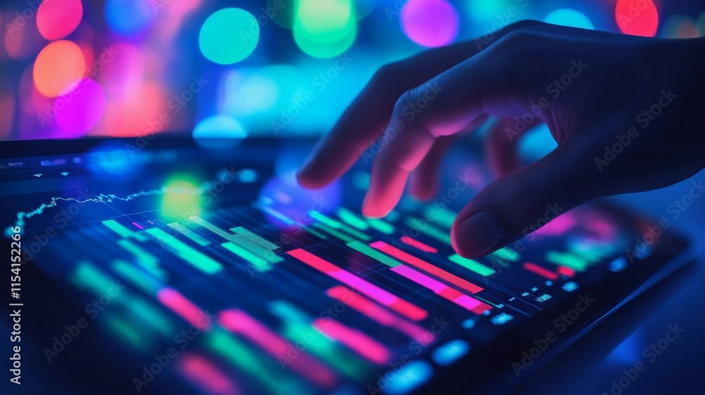 Aufkleber hand interacting with colorful financial data display on a tablet