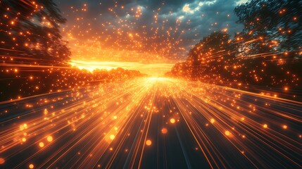 Glowing Sunset Highway Speed Light Trails