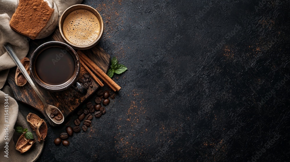 Poster rustic coffee setup with beans and spices