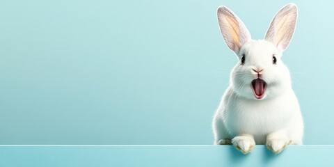 Obraz premium A playful white rabbit with perked ears and an open mouth, symbolizing joy and excitement, sits on a soft pastel blue backdrop, embodying the spirit of an enchanting Easter celebration.