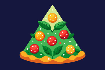 Christmas Tree-Shaped Pizza Decorated with Fresh Basil on a Dark Background