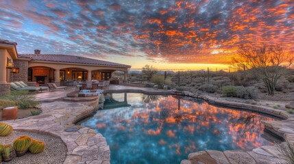 Dramatic sunset reflecting in a luxury pool and patio.