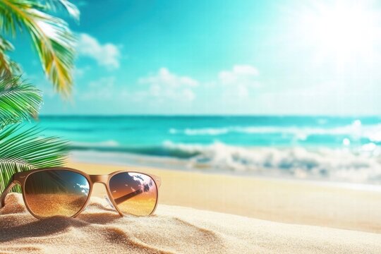 Relaxing summer beach scene with sunglasses on warm sand and turquoise ocean ahead. Generative AI