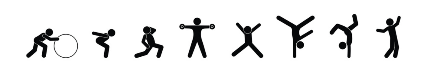 sport icons, silhouettes set, people do gymnastics, gym illustration, stick figure man	
