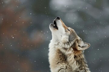 Grey wolf lifting its head and howling under the snow in a forest