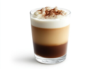 Glass of coffee topped with whipped cream and chocolate, on a wooden table with a blurred background of a cozy cafe setting.