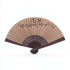 A decorative folding fan with a floral design, showcasing intricate details and a blend of brown tones.