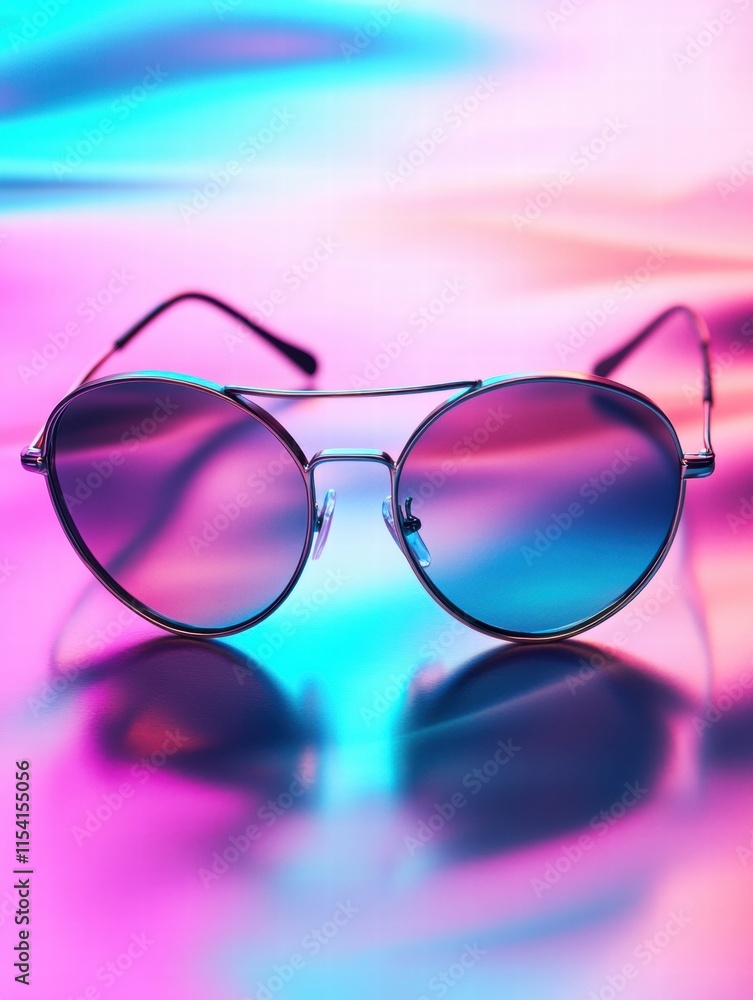 Poster stylish sunglasses resting on a vibrant, colorful background with a smooth texture and soft lighting