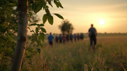 Fototapeta premium Group of People Hiking on Scenic Trail during Sunset in Nature Landscape