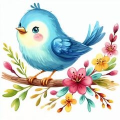 Colorful bird singing perched on flowers in a vibrant artistic illustration