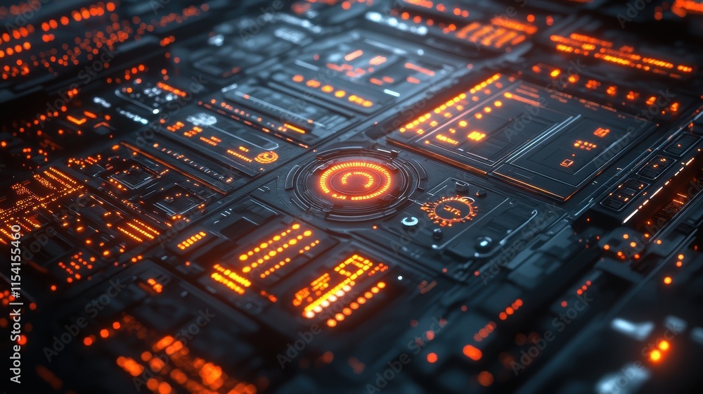 Poster abstract digital circuit board with glowing orange elements and patterns.