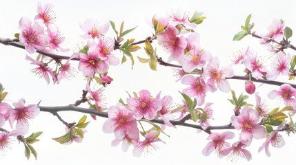 Fototapeta premium A delicate branch adorned with pink blossoms against a light background.