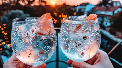 Two gin and tonics at sunset, garnished with orange slices and edible gold flakes.