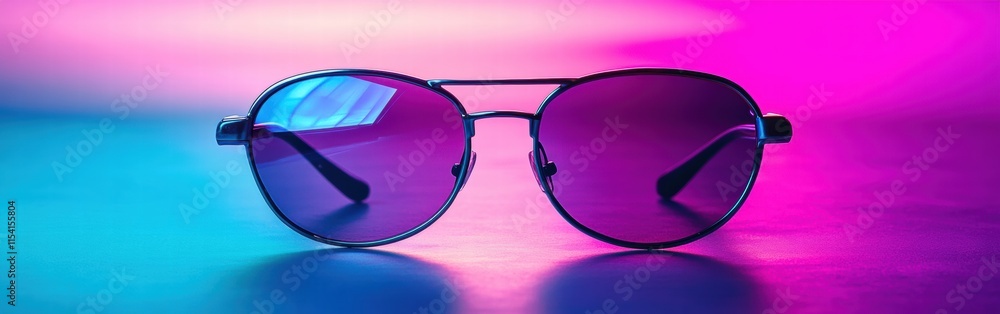 Poster stylish sunglasses in vibrant colors resting on a colorful reflective surface at a modern setting. g