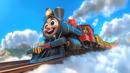 Happy cartoon train speeding through clouds.