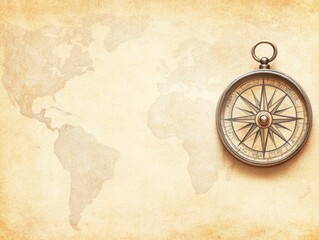 Vintage compass on aged parchment background with a world map outline