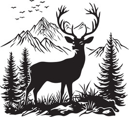 Deer Standing in Wilderness with Mountains Stylized Silhouette Vector Illustration Graphic