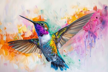 Hummingbird with iridescent feathers flying in front of a colorful abstract background