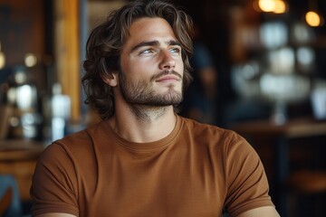 Obraz premium Thoughtful young man in mocha shirt sitting in cozy café.